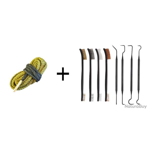 Kit Cordon de nettoyage boresnake calibre 9mm + Set de nettoyage 4 brosses + 4 crochets