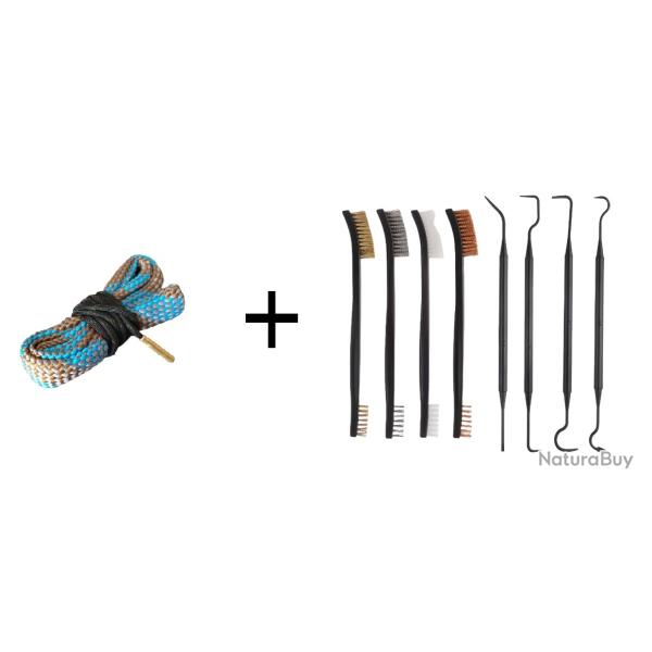 Kit Cordon de nettoyage boresnake calibre .35 + Set de nettoyage 4 brosses + 4 crochets
