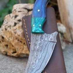 Couteau Skinner Damas Lame Upswept Acier 256 Couches Manche 2 Bois Etui Cuir Fabric Artisanale01