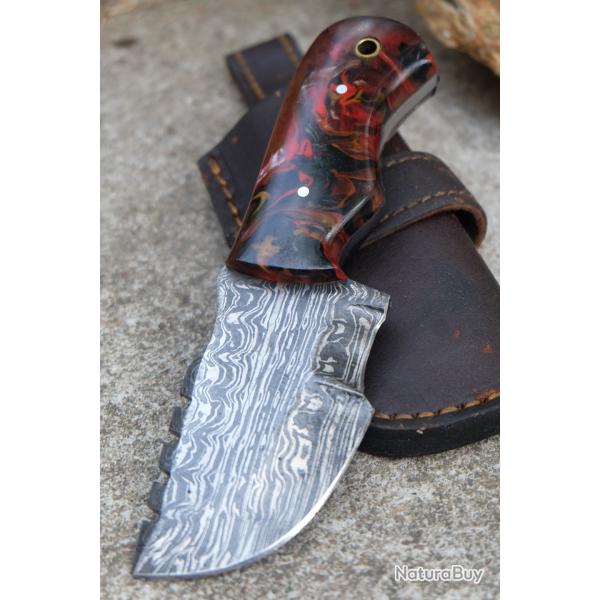 Couteau Skinner de Poche Lame Acier Damas 256 Couches Manche R�sine Etui Simili Cuir Fab Artisanale