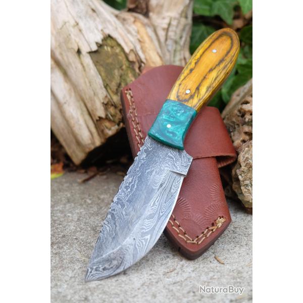 Couteau Skinner Lame Acier Damas 256 Couches Manche Bois/R�sine Etui Cuir Port Horizon F Artisanale
