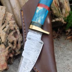 Skinner Couteau Damas Lame 256 Couches Lame Drop Point Manche Os/Atlantide Fabr Artisanale Etui Cuir