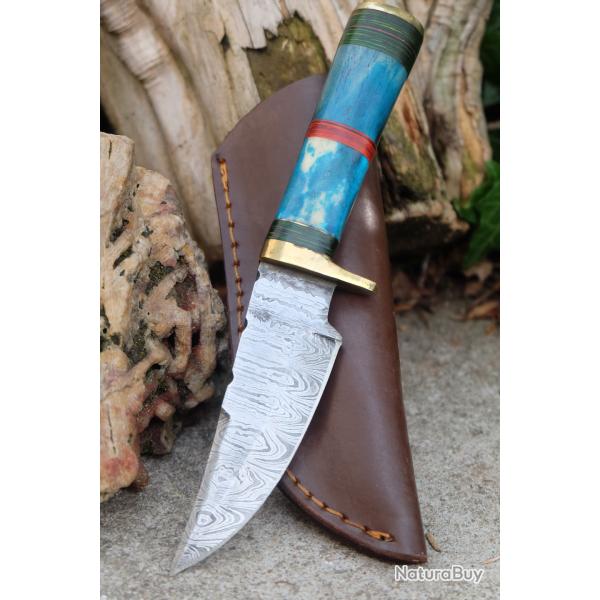 Skinner Couteau Damas Lame 256 Couches Lame Drop Point Manche Os/Atlantide Fabr Artisanale Etui Cuir
