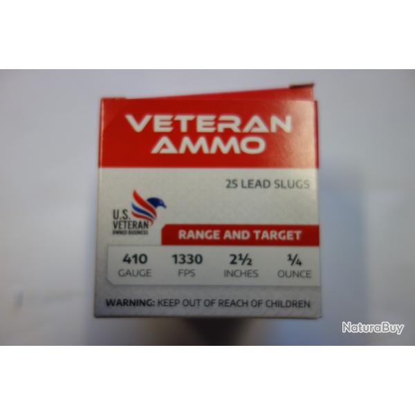 LOT DE 100 MUNITIONS CALIBRE 410 MAGNUM VETERAN AMMO BALLES SLUG  VITESSE 1330FPS