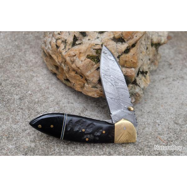 Beau Couteau Damas Lame Drop Point 128 Couches Manche B�lier & R�sine Fabric Artisanale Linerlock 00
