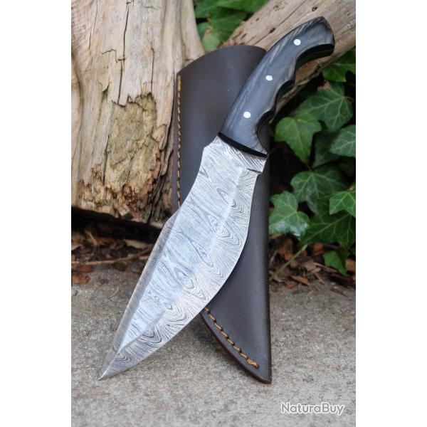 Bowie Couteau de Chasse Lame Acier Damas 256 Couches Manche Bois 2 Tons Fabric Artisanale Etui Cuir