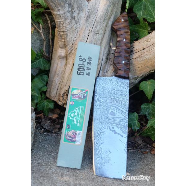 Couperet de Cuisine Style Japonais Kiritsuke Damas Lame 256 Couches Manche Bois F Artisan + Pierre