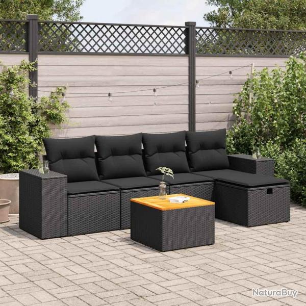 Salon de jardin 6 pcs avec coussins noir r�sine tress�e