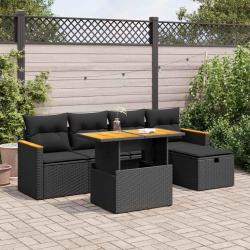 Salon de jardin 6 pcs avec coussins noir r&eacute;sine tress&eacute;e