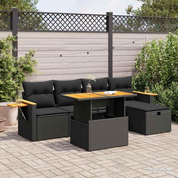 Salon de jardin 6 pcs avec coussins noir r�sine tress�e