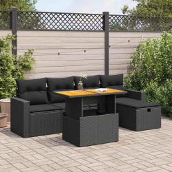 Salon de jardin 6 pcs avec coussins noir r&eacute;sine tress&eacute;e acacia