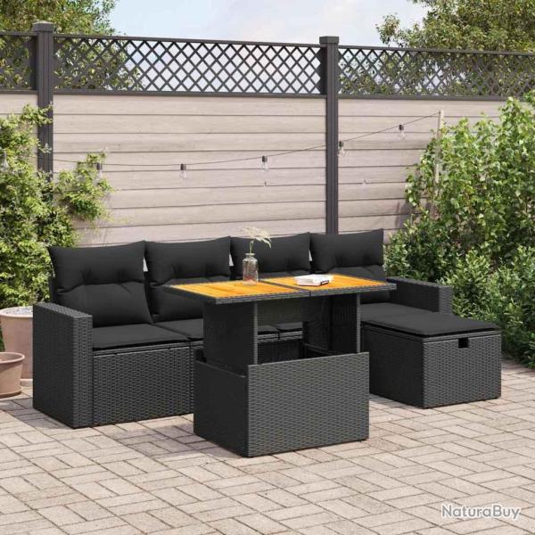 Salon de jardin 6 pcs avec coussins noir r�sine tress�e acacia