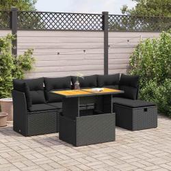 Salon de jardin 6 pcs avec coussins noir r&eacute;sine tress&eacute;e acacia