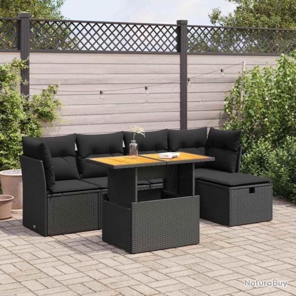Salon de jardin 6 pcs avec coussins noir r�sine tress�e acacia