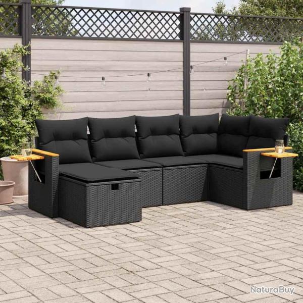 Salon de jardin 6 pcs avec coussins noir r�sine tress�e
