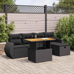 Salon de jardin 6 pcs avec coussins noir r&eacute;sine tress&eacute;e acacia