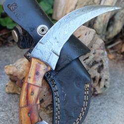 Couteau Karambit Lame Acier Damas 256 Couches Manche Bois Tigre Etui Cuir Fabrication Artisanale