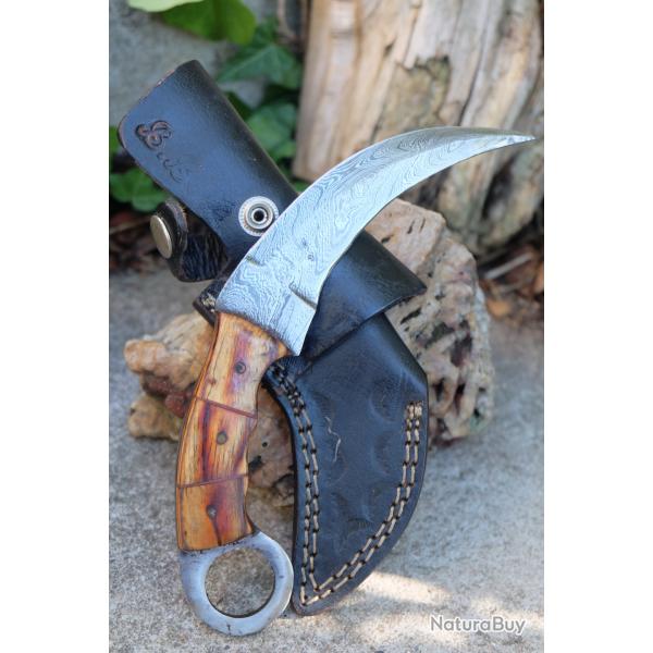 Couteau Karambit Lame Acier Damas 256 Couches Manche Bois Tigre Etui Cuir Fabrication Artisanale