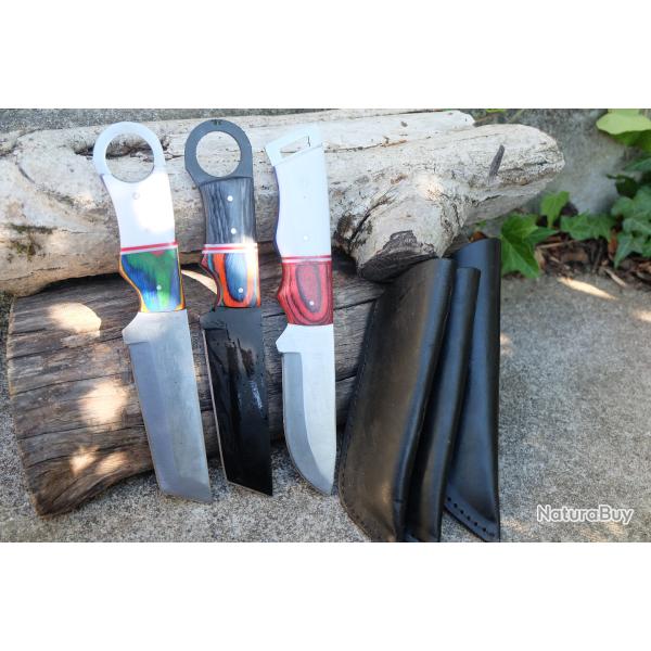 Lot de 3 Couteau Karambit Tactical Urbain Lame Tanto Acier Carbone 1055 Manche ABS Etui Fab Artisan