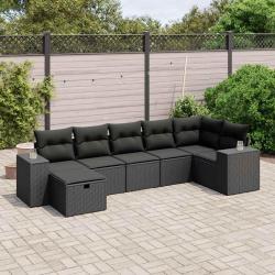 Salon de jardin 7 pcs avec coussins noir r&eacute;sine tress&eacute;e