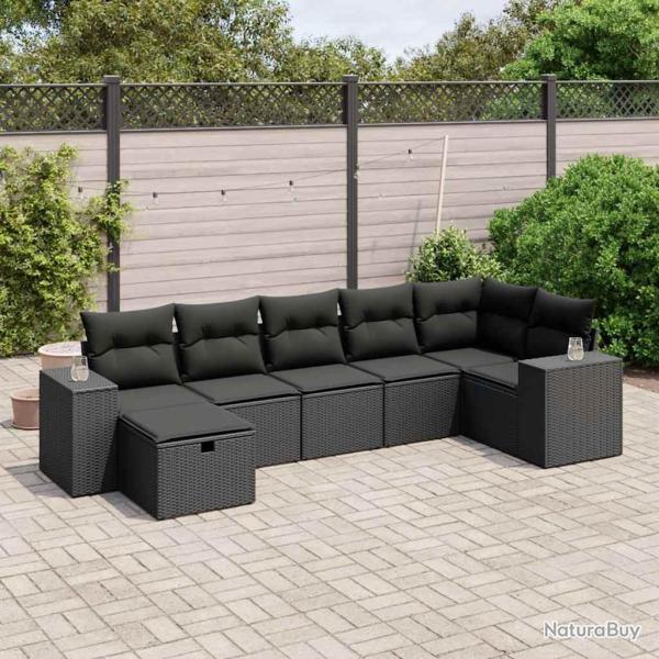 Salon de jardin 7 pcs avec coussins noir r�sine tress�e