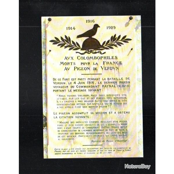 verdun  fort de vaux plaque du dernier pigeon meuse 55 cpm