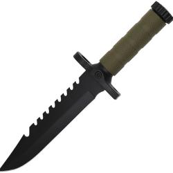 Couteau ElitEdge Tactical Lame Acier Inoxydable Manche Caoutchouc Vert OD Etui Fire Starter EE20673G