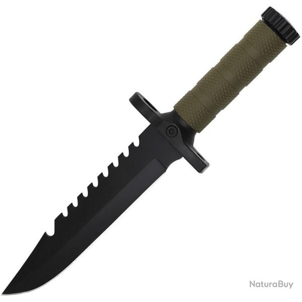 Couteau ElitEdge Tactical Lame Acier Inoxydable Manche Caoutchouc Vert OD Etui Fire Starter EE20673G