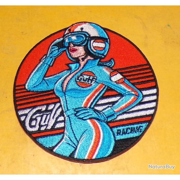 TISSU PATCH :  GULF RACING  , DIAMETRE 9 CM , BON ETAT VOIR PHOTOS . POUR TOUT RENSEIGNEMENT ME CONT