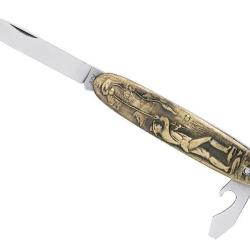 COUTEAU NAVETTE 2P LAITON MOTIF PECHEUR 8.5CM INOX