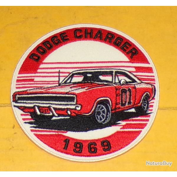 TISSU PATCH :  DODGE CHARGER 1969 , SHERIFF FAIT MOI PEUR   , DIAMETRE 9 CM , BON ETAT VOIR PHOTOS .