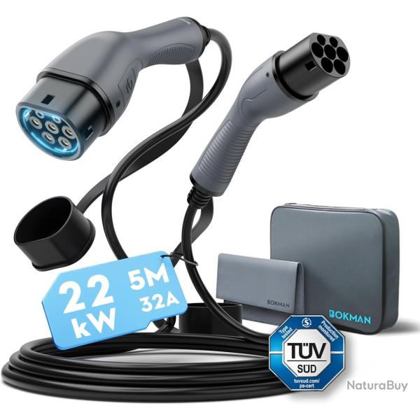 C�ble Type 2,2kW C�ble de Recharge Voiture �lectrique | T�V, 5 M�tres Triphas�, 32A, IP55