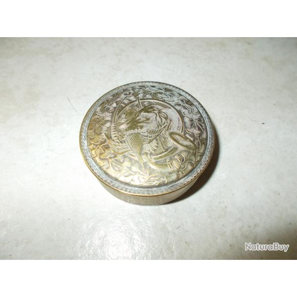 ancienne tabatiere ronde metal argent� sign� artas decor chasse � courre cor chien perdrix vintage