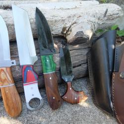 LOT DE 3 Couteau Tactical Urbain + Push Dagger Acier Carbone 1055 Manche Bois/R&eacute;sine Etui Artisanale