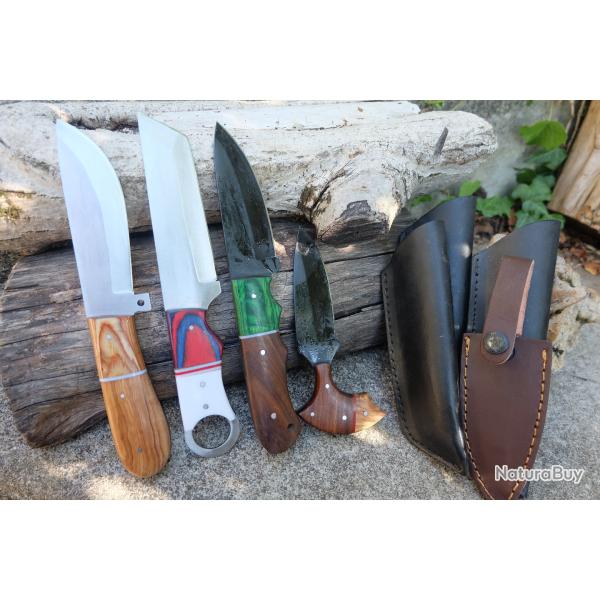 LOT DE 3 Couteau Tactical Urbain + Push Dagger Acier Carbone 1055 Manche Bois/R�sine Etui Artisanale