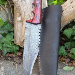 Beau Poignard Damas Lame Clip Point 256 Couches Manche Bois Rubis Fabr Artisan Etui Simili Cuir