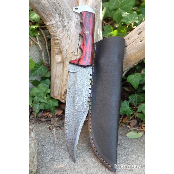 Beau Poignard Damas Lame Clip Point 256 Couches Manche Bois Rubis Fabr Artisan Etui Simili Cuir