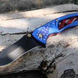 Couteau Semi Automatique A/O Bleu Lame Acier Inox Manche Alu Bleu Etoiles Linerlock Clip