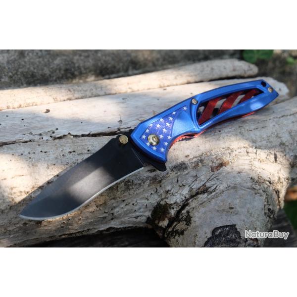 Couteau Semi Automatique A/O Bleu Lame Acier Inox Manche Alu Bleu Etoiles Linerlock Clip