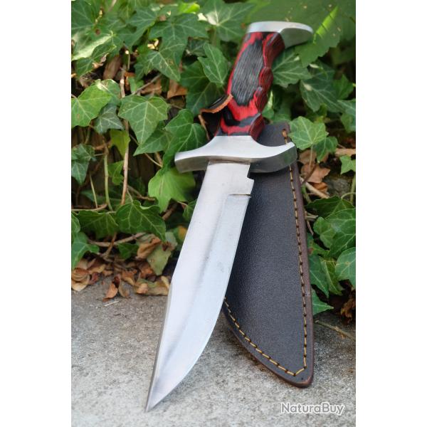 Poignard Couteau de Chasse Lame Acier Carbone 1055 Manche Bois/Acier Etui Simili Cuir Artisananale