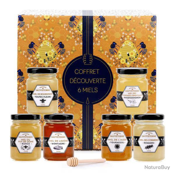Assortiment de 6 miels de France et cuill�re � miel - 6 miels et une cuill�re