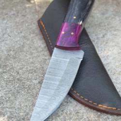 Skinner Couteau Damas Lame 256 Couches Lame Trailing Point Manche Smoke F Artisanale Etui Cuir