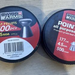 Lot de 2 Bo&icirc;tes de Plombs Swiss Arms (Flat & Pointed) - Calibre 4,5 mm