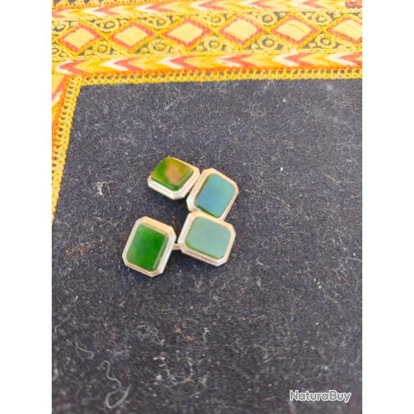 Paire de boutons de manchette Art Deco argent 835 et jade nephrite vert olive