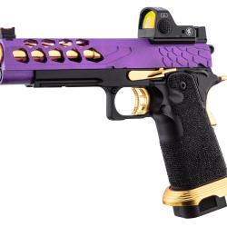 Pistolet Airsoft GBB Stryk Hi-Capa 5.1 Violet et Or Lancer Tactical avec RMR