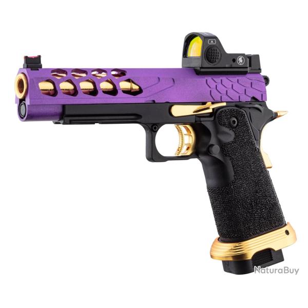 Pistolet Airsoft GBB Stryk Hi-Capa 5.1 Violet et Or Lancer Tactical avec RMR