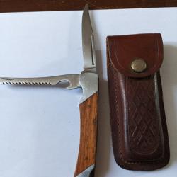 Couteau a deux lames a cran de s&eacute;curit&eacute;+&eacute;tui cuir