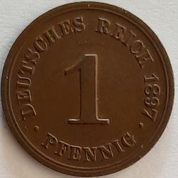 Pi&egrave;ce de Monnaie Allemagne 1 pfennig - Wilhelm II type 2 - grand aigle 1897 G - Rare Et recherch&eacute;e -
