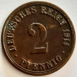 Pi&egrave;ce de Monnaie Allemagne 2 pfennig - Wilhelm II type 2 - grand aigle 1914 A - Qualit&eacute; -
