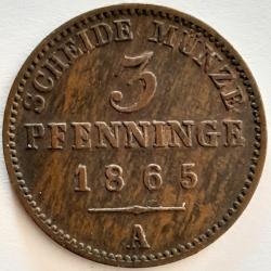 Pi&egrave;ce de Monnaie Allemagne 3 pfenninge - Friedrich Wilhelm I - Royaume de Prusse - 1865 A Qualit&eacute; -